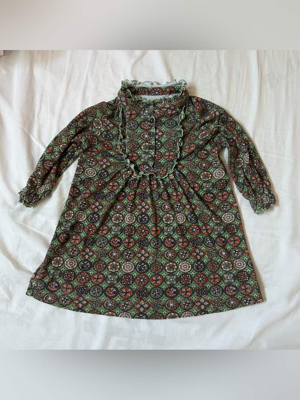 Misha and Puff Long Sleeve Ruffle Mabel Dress in Jadeite Folk Tile size 2T